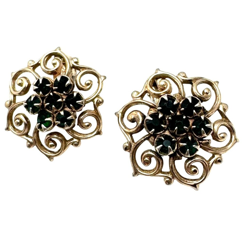 Vintage Gold-Tone Clip-On Earrings Greenish Black Rhinestones & Filigree Design